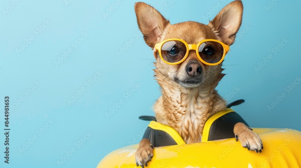 Brown chihuahua dog in sunglasses and life jacket on blue background with yellow swimming ring Brown chihuahua dog in sunglasses and life jacket on blue background with yellow swimming ring