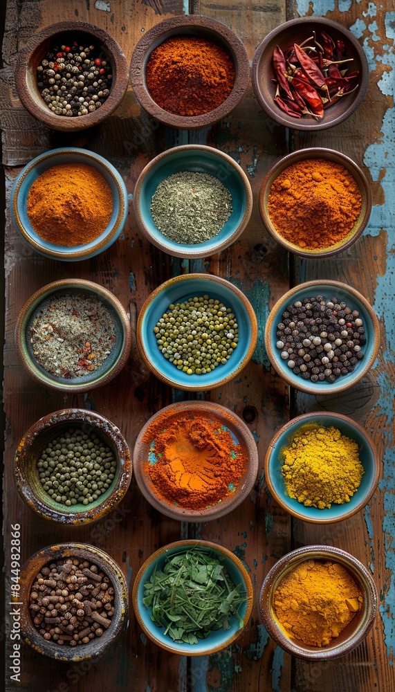 An overhead shot of a variety of colorful spices arranged in beautiful ceramic bowls on a weathered wooden surface. Generative AI An overhead shot of a variety of colorful spices arranged in beautiful ceramic bowls on a weathered wooden surface. Generative AI