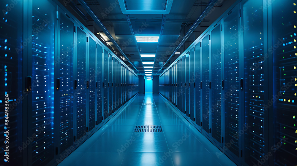 Long corridor in a modern data center with rows of server racks Long corridor in a modern data center with rows of server racks