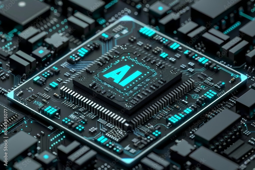 AI brain hologram on a digital circuit board, representing advanced technology and artificial intelligence AI brain hologram on a digital circuit board, representing advanced technology and artificial intelligence