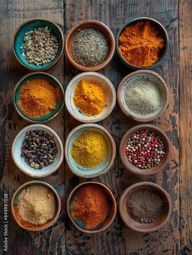 A top-down view of various colorful spices in beautiful ceramic bowls arranged on a rustic wooden surface. Generative AI A top-down view of various colorful spices in beautiful ceramic bowls arranged on a rustic wooden surface. Generative AI