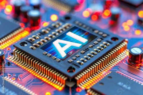 AI processor on a vibrant circuit board, representing advanced technology and digital innovation