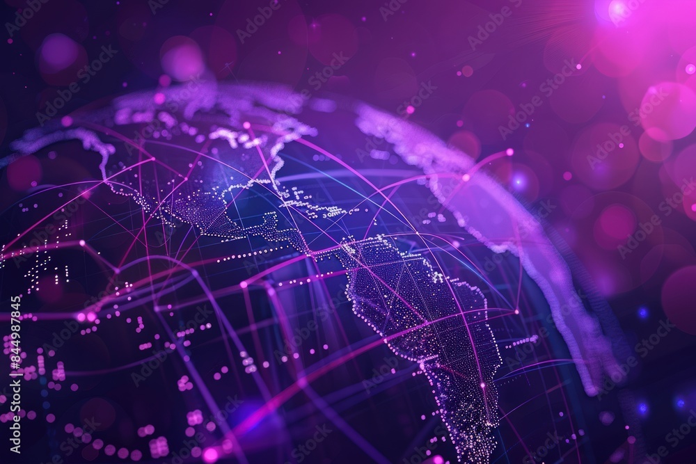 Naklejka premium A purple background with digital world map and global network connections