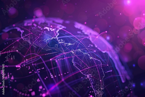 A purple background with digital world map and global network connections #844987845