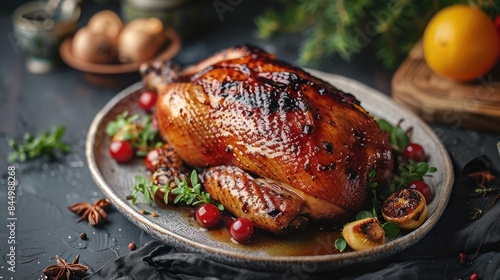 Savory Roasted Duck on a Platter with Herbs and Spices - Delicious Gourmet Cuisine