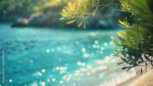 Soft focus on a picturesque coastline where sparkling turquoise waters softly kiss the sandy shore surrounded by a hazy blur of sundappled greenery. . photo