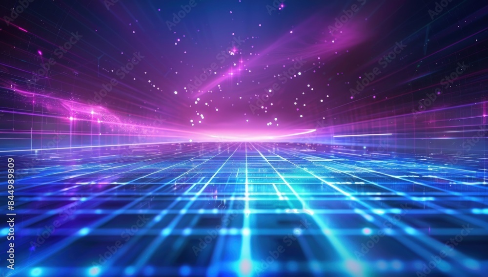 Retro neon grid background with blue and purple glow Retro neon grid background with blue and purple glow