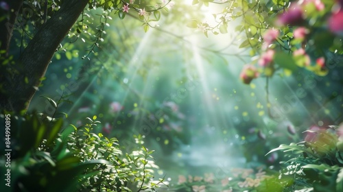 Gentle rays of light peer through blurry leaves and branches enveloping a tranquil garden scene with a touch of magic and tranquility. . photo