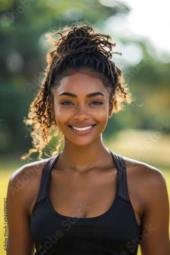 Confident African Woman in Sportswear Poses Happily in Urban Park Close-Up Portrait © Sunshine