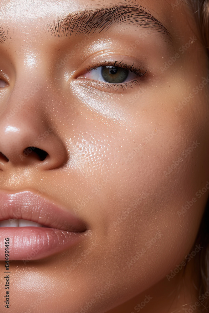 Detailed Close-Up of a Young Woman in Her 30s with Glowing, Healthy Skin, Without Makeup Detailed Close-Up of a Young Woman in Her 30s with Glowing, Healthy Skin, Without Makeup