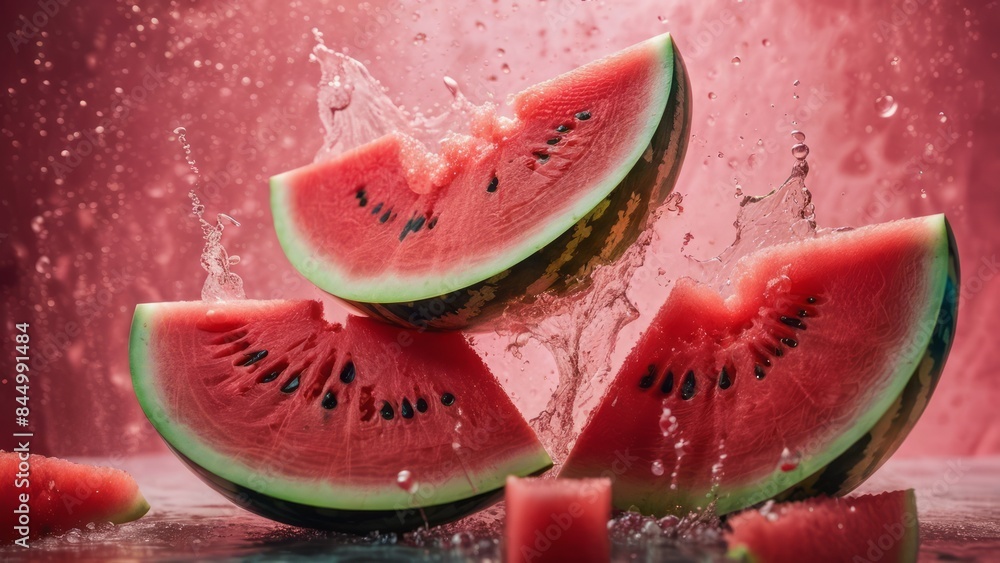Fresh juicy watermelon in water splashes and ice cubes on pink background with copy space. Citrus fruits cut in water drops. Summer freshness, poster design. Flat lay, top view Fresh juicy watermelon in water splashes and ice cubes on pink background with copy space. Citrus fruits cut in water drops. Summer freshness, poster design. Flat lay, top view