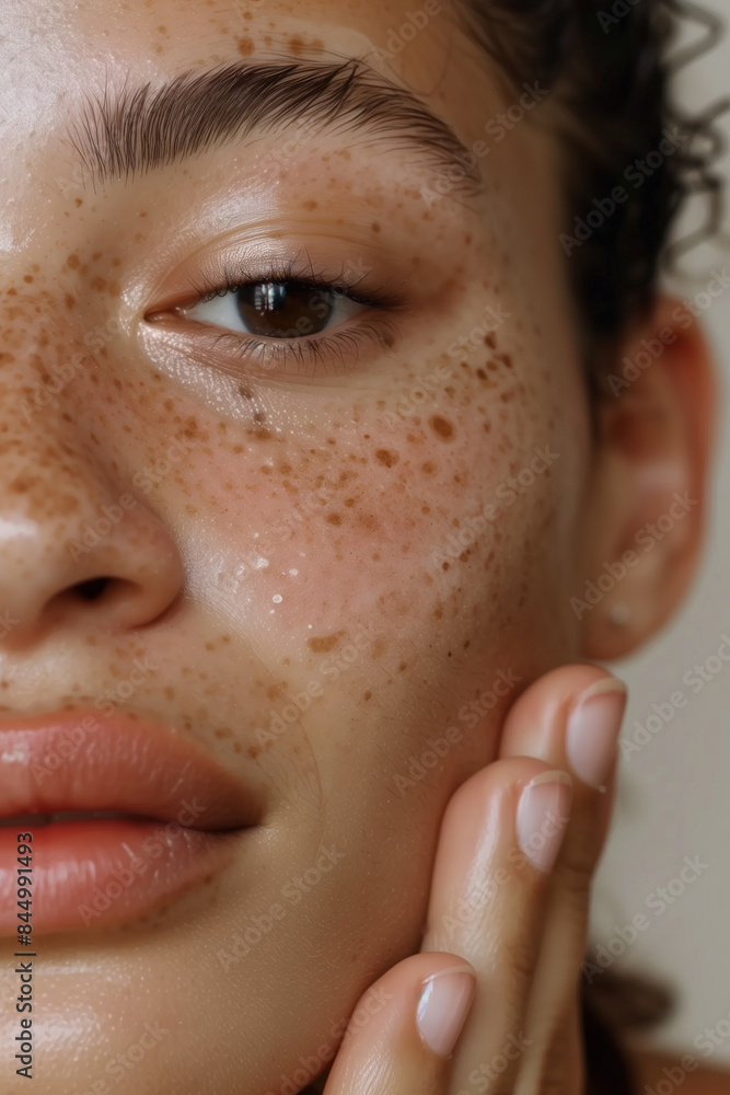 Detailed Close-Up Photo of a Young Woman, Touching Her Wet Face with Healthy Skin Detailed Close-Up Photo of a Young Woman, Touching Her Wet Face with Healthy Skin