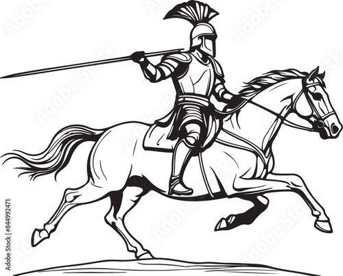 Drawing of Roman Knight on Horse with Spea vector style art illustration photo