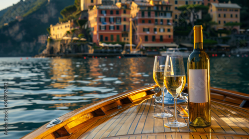 Sparkling wine bottles in an ice bucket and sparkling wine glasses on the deck of a boat and lakeshore on the background.
