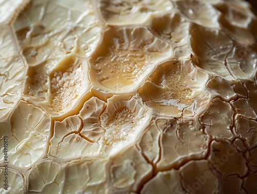Close-up view of textured surface resembling cracked desert earth, featuring intricate and delicate patterns in shades of beige and cream
