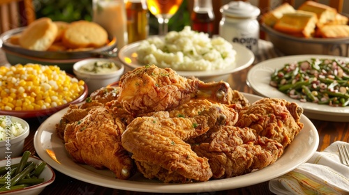 Fried Chicken Feast in Warm Dining Room for your background business, poster, wallpaper, banner, backdrop, greeting cards, and advertising for business entities or brands.