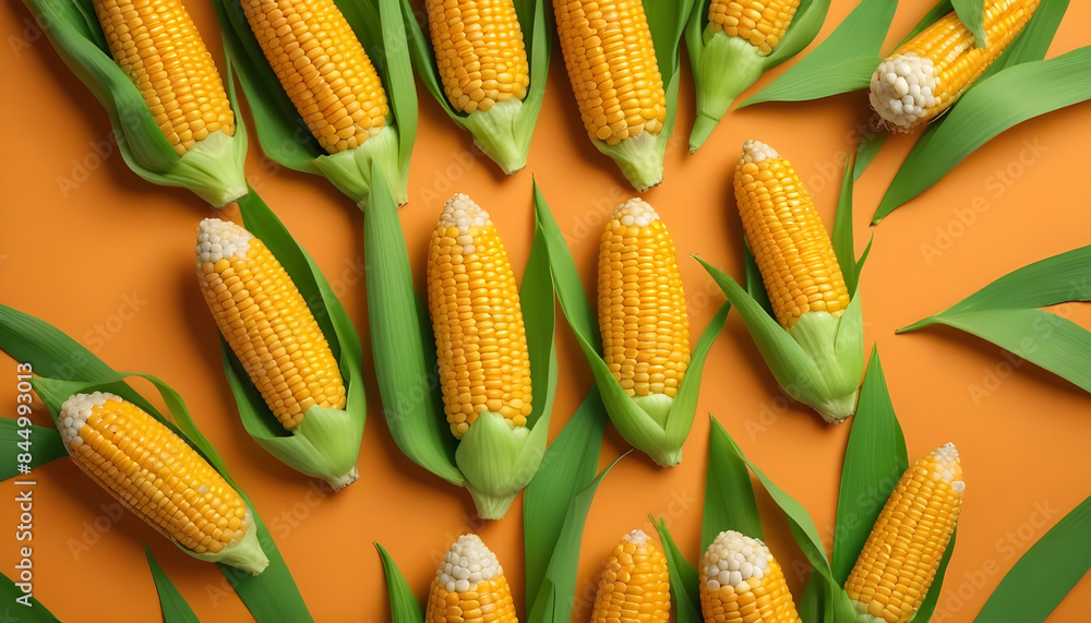 Corn on orange background flat lay composition 4 Corn on orange background flat lay composition 4