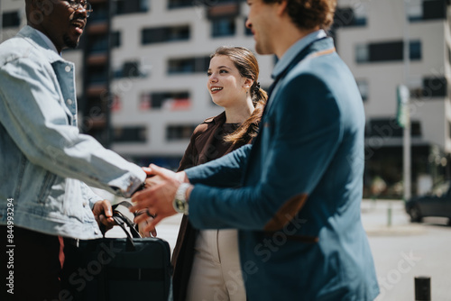 Three professionals engage in a warm handshake outside modern buildings, illustrating successful collaboration and teamwork during an outdoor business meeting.