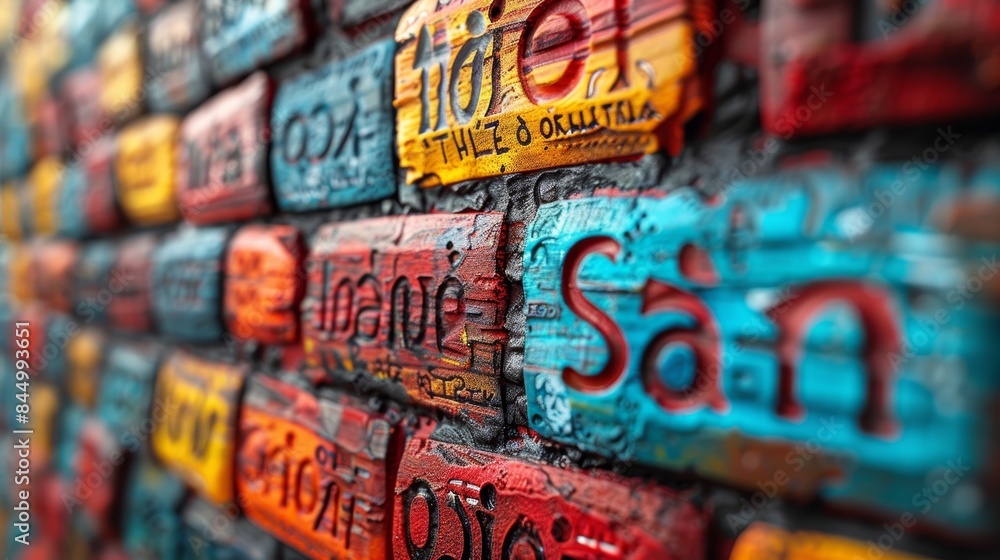 Fototapeta premium A close-up of a vibrant wall mural featuring brightly colored bricks with various text and abstract designs, showcasing urban street art and creativity