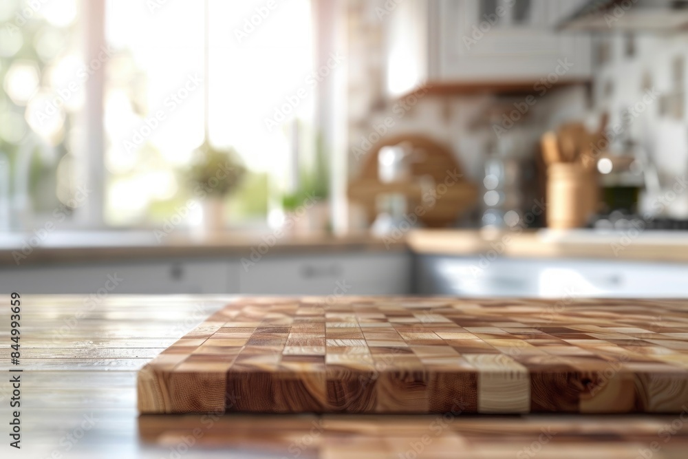 Selective focus.End grain wood counter top with cutting board on blur kitchen in morning window background.For montage product display or design key visual - generative ai