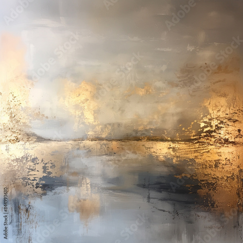 Oil paint abstract gold, blue and silver landscape . Abstract interpretation of a blue lake Background. Ai generated