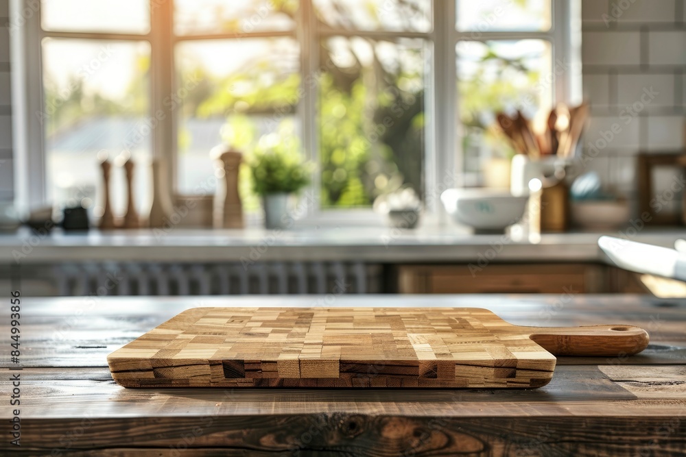 Selective focus.End grain wood counter top with cutting board on blur kitchen in morning window background.For montage product display or design key visual - generative ai Selective focus.End grain wood counter top with cutting board on blur kitchen in morning window background.For montage product display or design key visual - generative ai