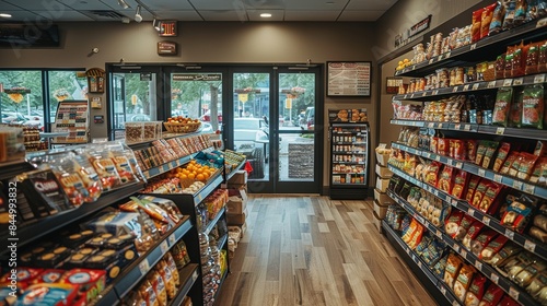 This image captures the interior of a modern convenience store with neatly arranged shelves stocked with various snacks, beverages, and other everyday essentials