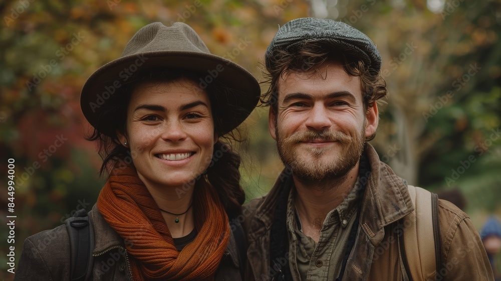 A joyful couple enjoying a day out in nature, smiling warmly with hats and scarves on a crisp autumn day amidst colorful foliage in the background A joyful couple enjoying a day out in nature, smiling warmly with hats and scarves on a crisp autumn day amidst colorful foliage in the background