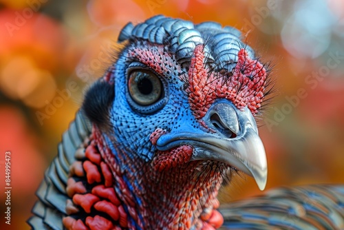 A close-up image of a wild turkey showcasing intricate details of its colorful feathers and facial features against a vibrant natural backdrop