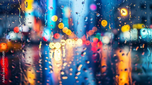 Raindrops blur the vibrant cityscape turning the bright lights and fastpaced movement into a tranquil calming setting that contrasts the typical rush hour scene. .