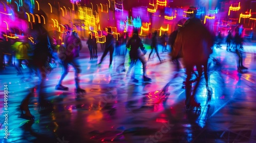 Vibrant bursts of blurred neon hues creating an otherworldly atmosphere for the skaters to twirl and jump in. .