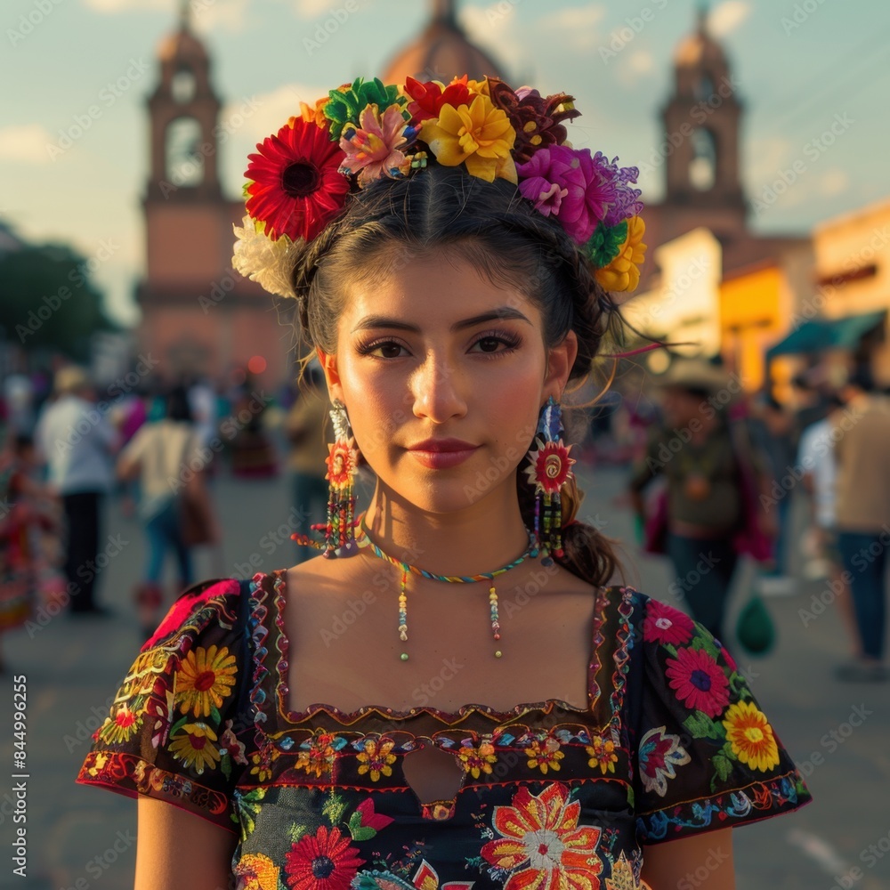 Young Woman in Traditional Tehuana Dress in Oaxaca City Art Collage


