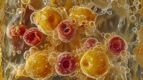 Close-up of vibrant molecular structure revealing the complex intricacies of lipid droplets and cellular components in a high-resolution microscopic image photo