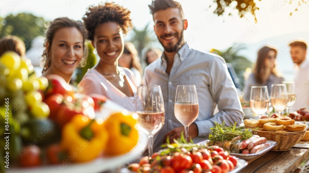 Group of friends enjoying an outdoor dinner party with fresh food and drinks at a table decorated with various vegetables Group of friends enjoying an outdoor dinner party with fresh food and drinks at a table decorated with various vegetables
