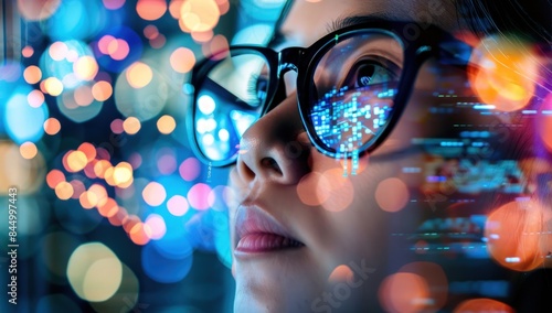 Close up of a person wearing glasses with a digital screen reflecting in the lens, blurred background showing lights and data points in the style of an abstract digital artwork.