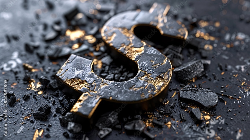 Broken 3D dollar sign on a completely black background, black background and small pieces of silver around the dollar. This style is gold. Minimalist with intricate details. and highly detailed, Broken 3D dollar sign on a completely black background, black background and small pieces of silver around the dollar. This style is gold. Minimalist with intricate details. and highly detailed,