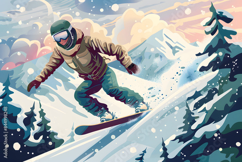 Snowboarder in a relaxed, cruising stance, gliding down a gentle slope