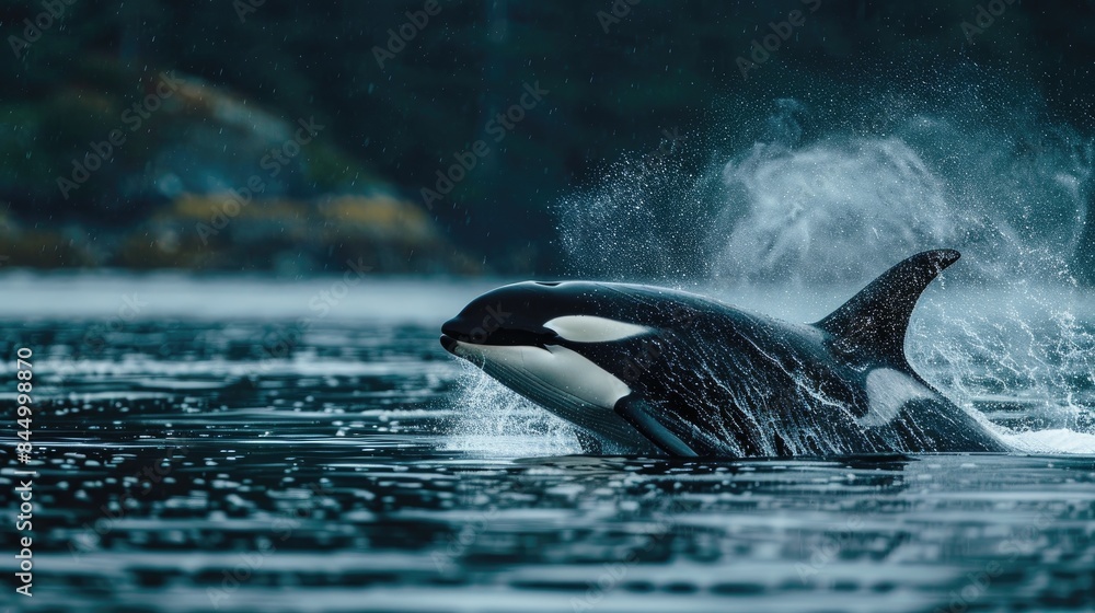 Fototapeta premium A killer whale gracefully moves through the water displacing it with ease
