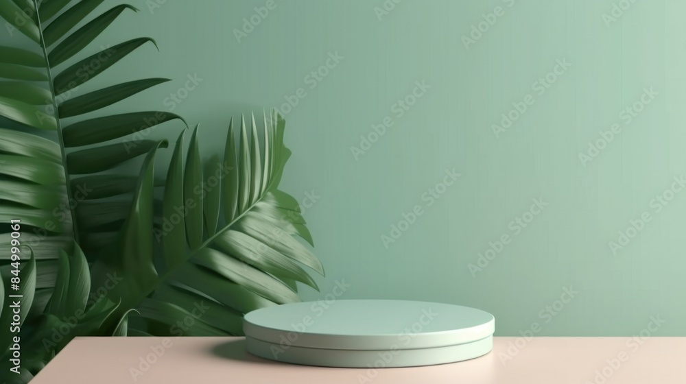 A green leafy plant is next to a round pedestal A green leafy plant is next to a round pedestal