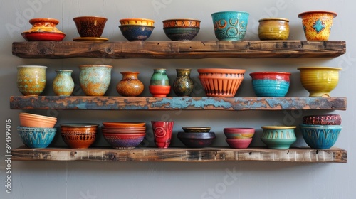 Wallpaper Mural Wall mounted contemporary shelves adorned with vibrant pottery Torontodigital.ca