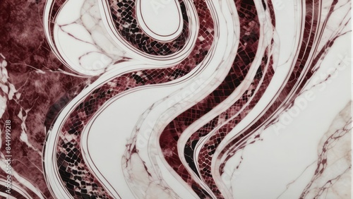  White marble abstract background with vinous snake skin texture, polished granite surface, close-up view. Flat lay, top view. Stone beige backdrop for banner, poster, wallpaper design