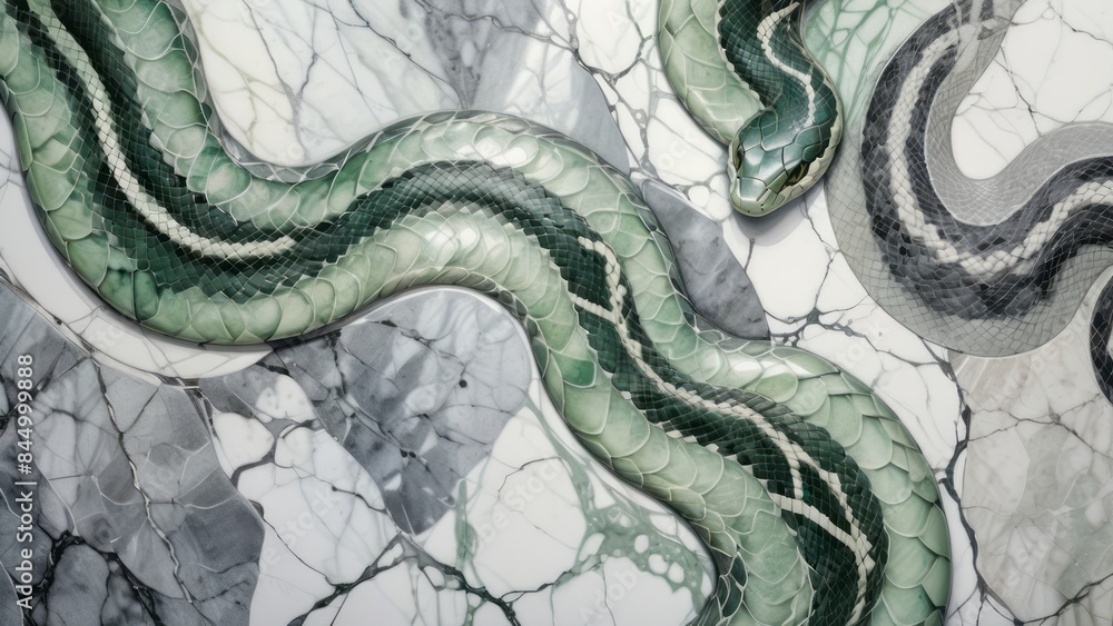 Background of delicate scales and serpentine body patterns on a green snake, watercolor green and gray illustration for banner, poster. Symbol of 2025 year. Marble stone background Background of delicate scales and serpentine body patterns on a green snake, watercolor green and gray illustration for banner, poster. Symbol of 2025 year. Marble stone background