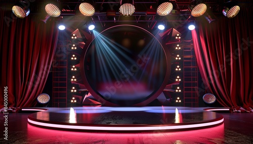 A stage with a red curtain and a spotlight on it photo