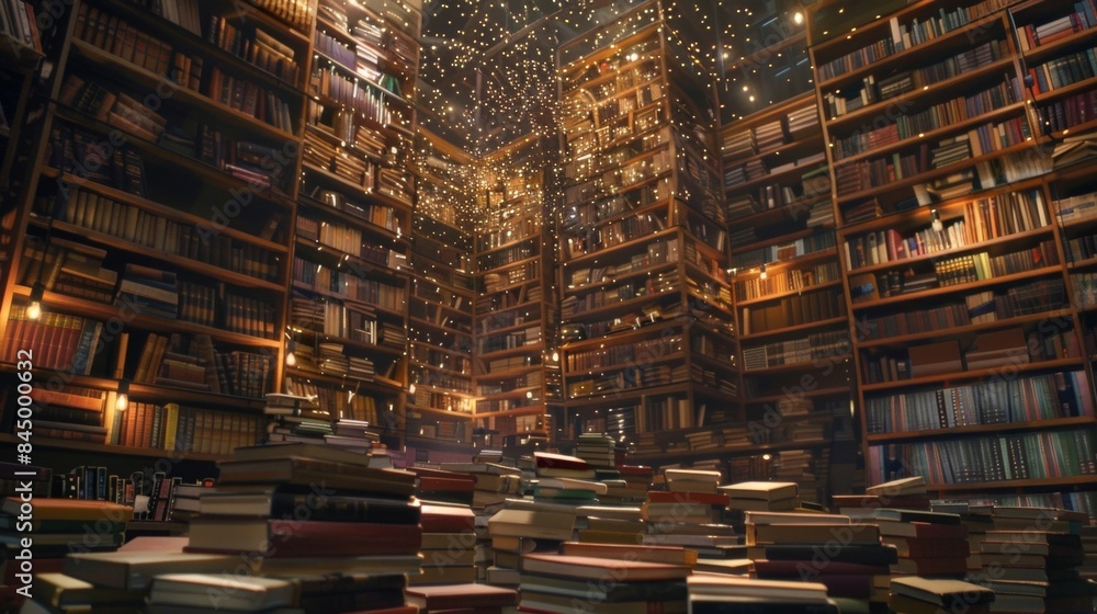 A soft unfocused glow surrounds the towering stacks of books inviting visitors to lose themselves in the boundless realm of knowledge at Infinite Knowledge Showcase. . A soft unfocused glow surrounds the towering stacks of books inviting visitors to lose themselves in the boundless realm of knowledge at Infinite Knowledge Showcase. .