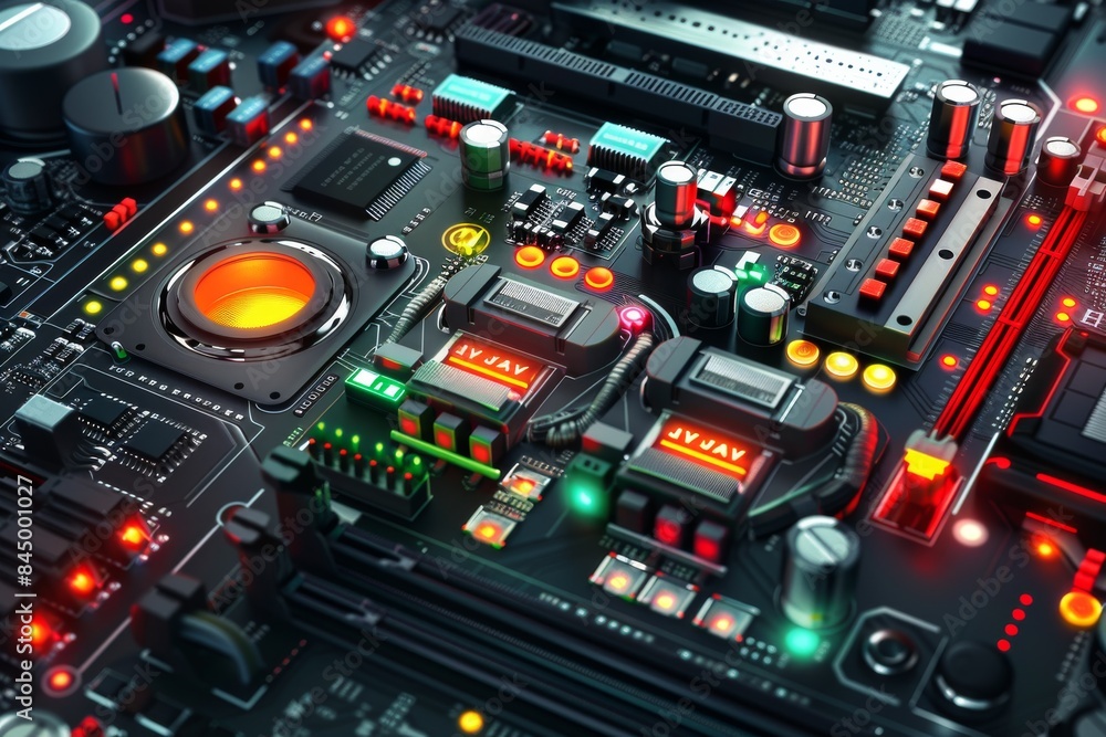 Futuristic AI Circuit Board with Glowing Lights, Advanced Technology, High Tech Microchip, Cyberpunk Theme, Digital Electronics, Neon Illumination Futuristic AI Circuit Board with Glowing Lights, Advanced Technology, High Tech Microchip, Cyberpunk Theme, Digital Electronics, Neon Illumination