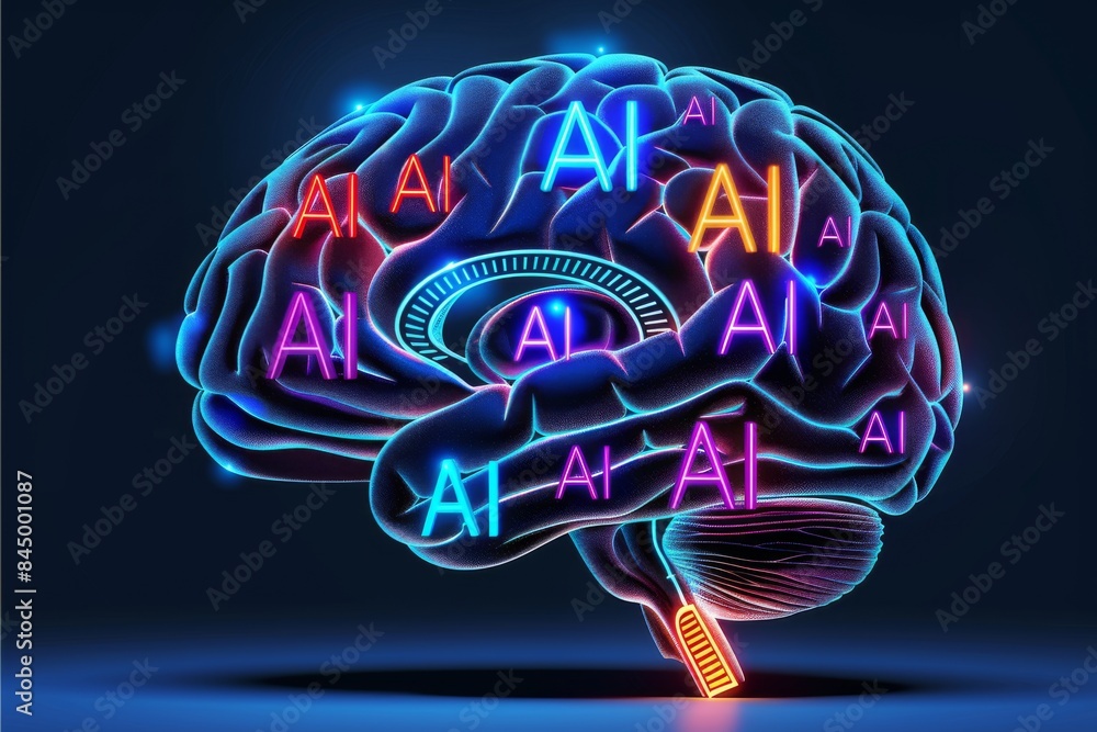 Fototapeta premium AI Brain with Digital Nodes, Futuristic Technology, Neural Network Concept, Cyber Intelligence, Glowing Neon Lights, High Tech Illustration, Artificial Mind
