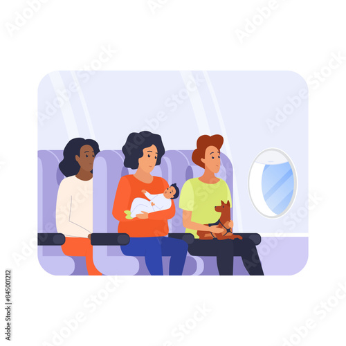 Passengers sitting in economy class seats, mother with child, man with dog vector illustration