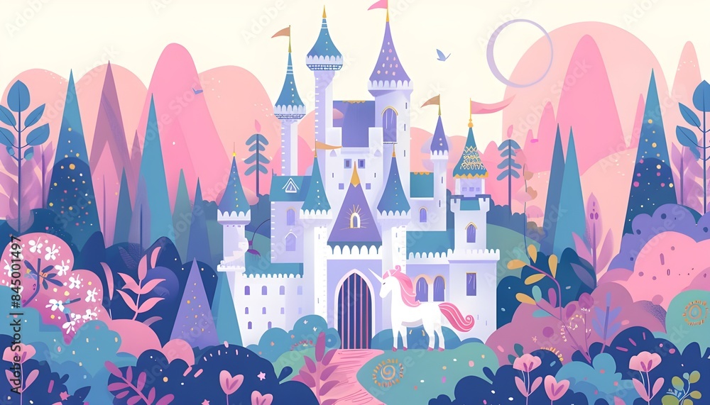 Fairy Tale Castle and Unicorn Illustration Fairy Tale Castle and Unicorn Illustration