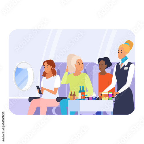 Flight attendant serving food and drinks to passengers, woman in aisle with cart vector illustration