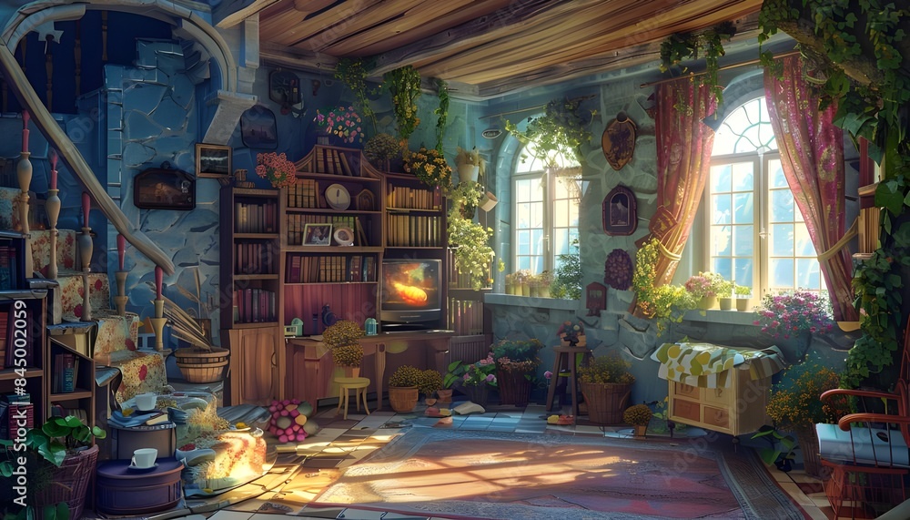 Fairy Tale Cottage Interior. Fiction Children Backdrop. House Building Scenery.
